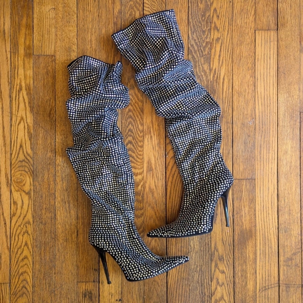 Jeffrey Campbell Rhinestone Slouchy Knee High Heel Boots